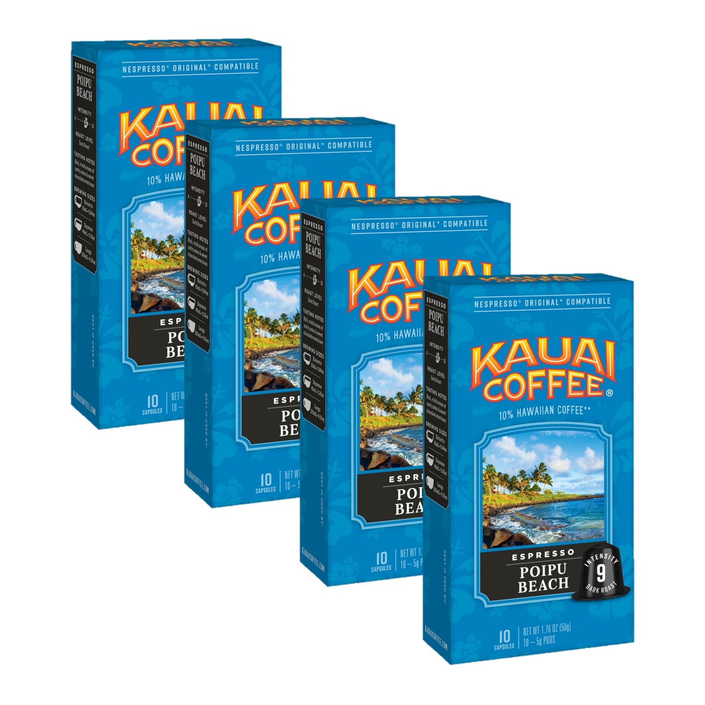 Kauai Coffee Espresso Pods Compatible With Nespresso Oriflavor Blendal Coffee Makers - Arabica Coffee 10% Hawaiian - Dark Roast Rich Cocoa & Smoky Finish - Poipu Beach 4 Packs Of 10 Espresso Pods