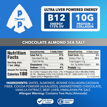 Primal Power Liver Powered Nutrition Bars, 10g Protein, B12 Energy Boost, Gluten Free, Chocolate Almond Sea Salt, Pack of 12