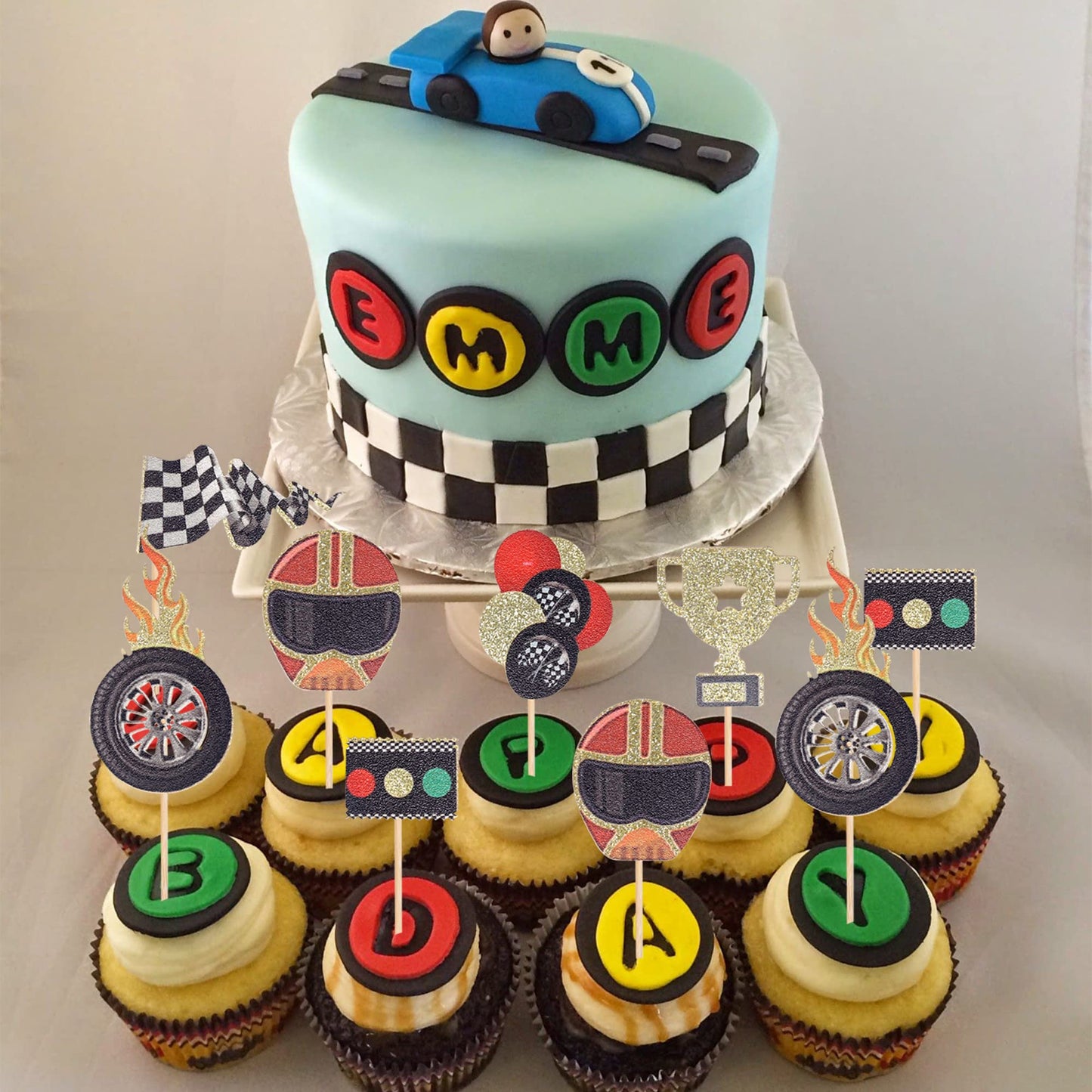 24 Pcs Race Car Cupcake Toppers Assembled Helmet Traffic Light Wheel Trophy Flag Racing Car Cupcake Picks Let'S Go Racing Cake D
