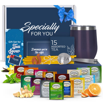 Mothers Day Gifts for Mom Tea Gifts for Women - Sampler Gift Basket with 15 Unique Blends, Honey Sticks, Stainless Tumbler & Gif