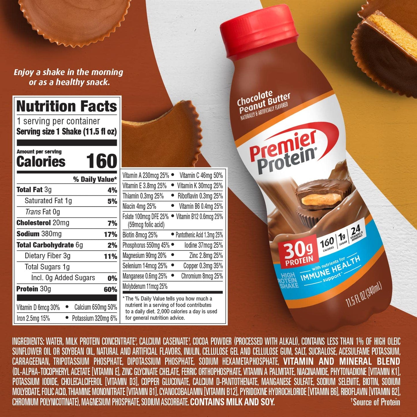 Premier Protein Shake, Chocolate Peanut Butter, 30g Protein, 1g Sugar, 24 Vitamins & Minerals, Nutrients to Support Immune Healt