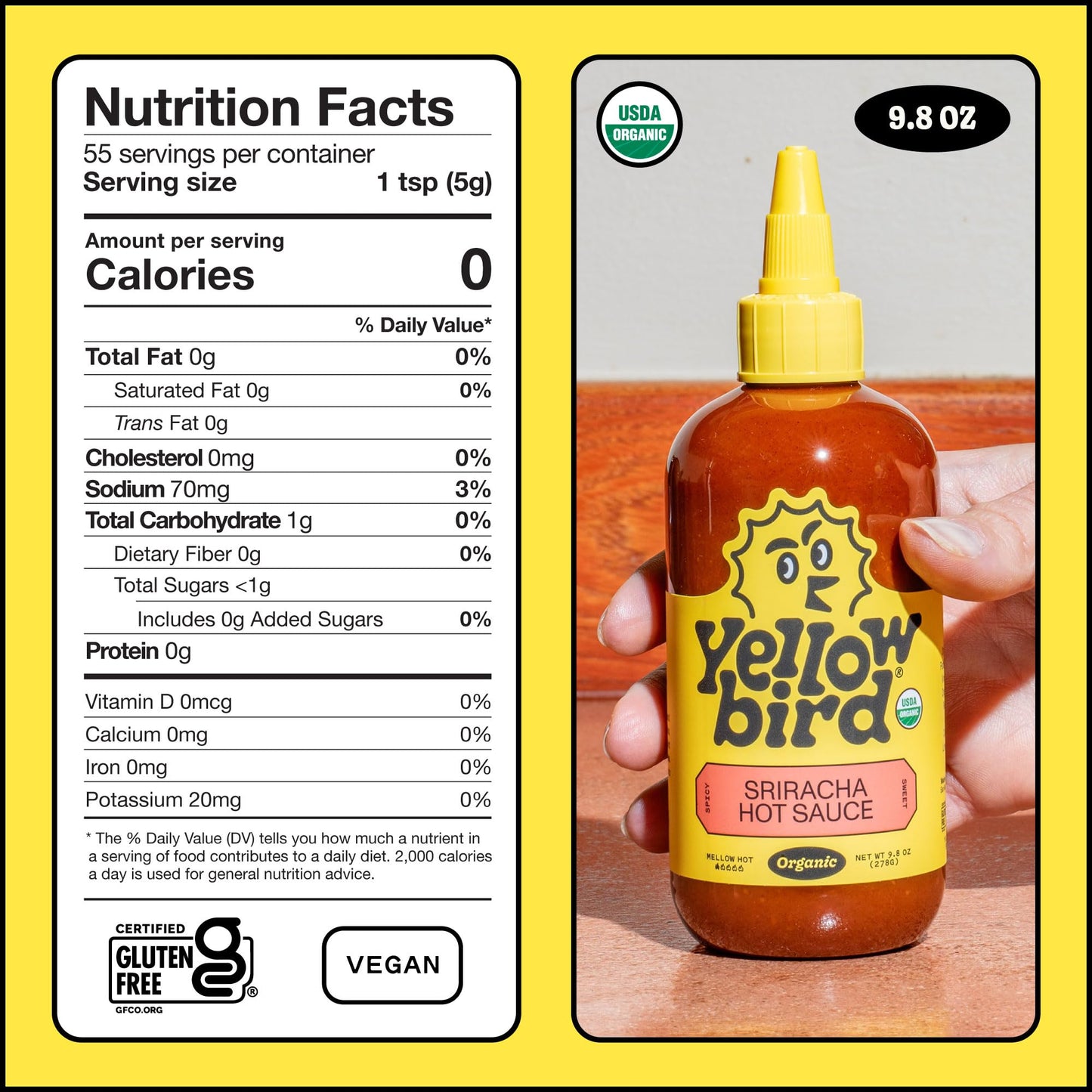Yellowbird Organic Sriracha Hot Sauce, Mellow Hot, 9.8 oz Pantry Size, Made in Texas