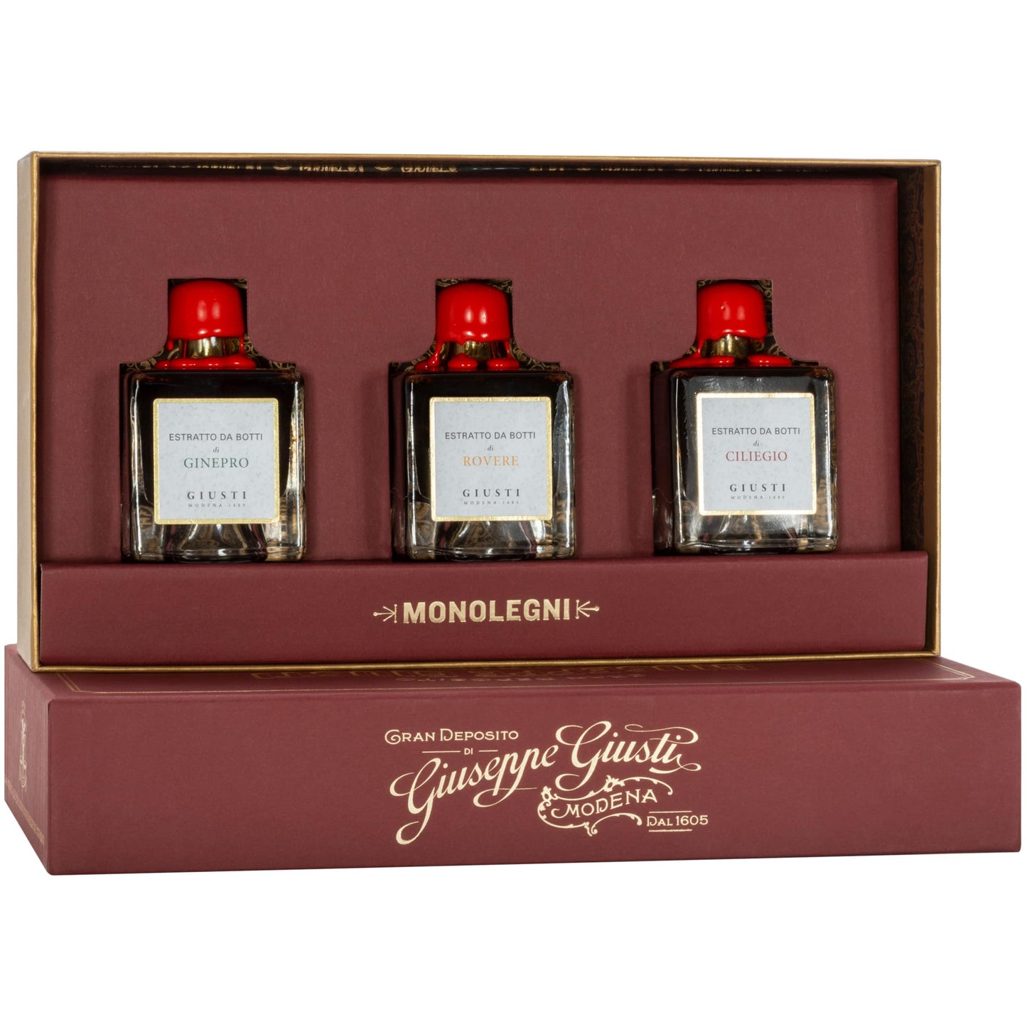 Giusti Italian Balsamic Vinegar Gift Set - Gourmet Collection Of 3 Aceto Balsamico Di Modena-Based Condiments Matured In Single Wood Barrels: Oak Juniper And Cherry - 3 X 1.69 Fl Oz (3 X 50 Ml)