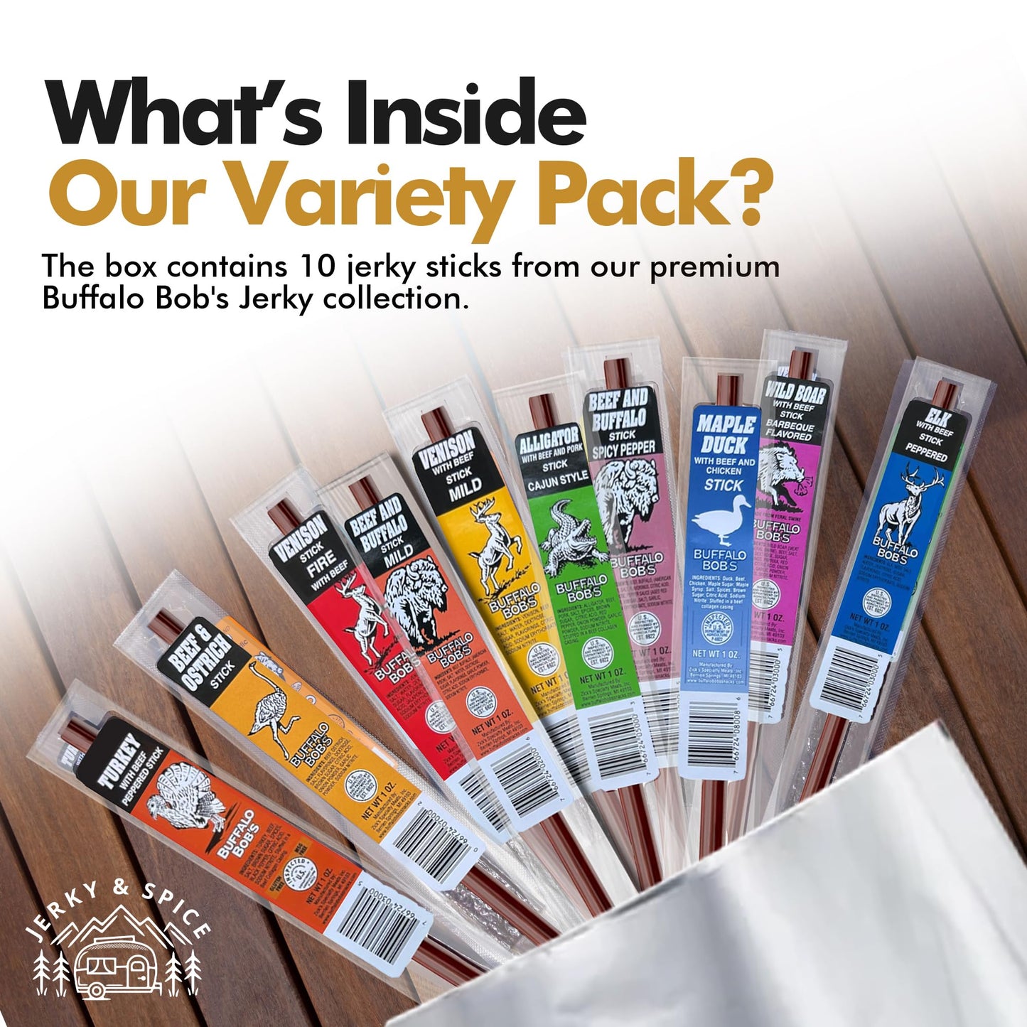 Jerky-n-Spice Wild Game Meat Sticks, 10-Pack, Exotic Beef Jerky Snacks, 0.75 Ounce Each