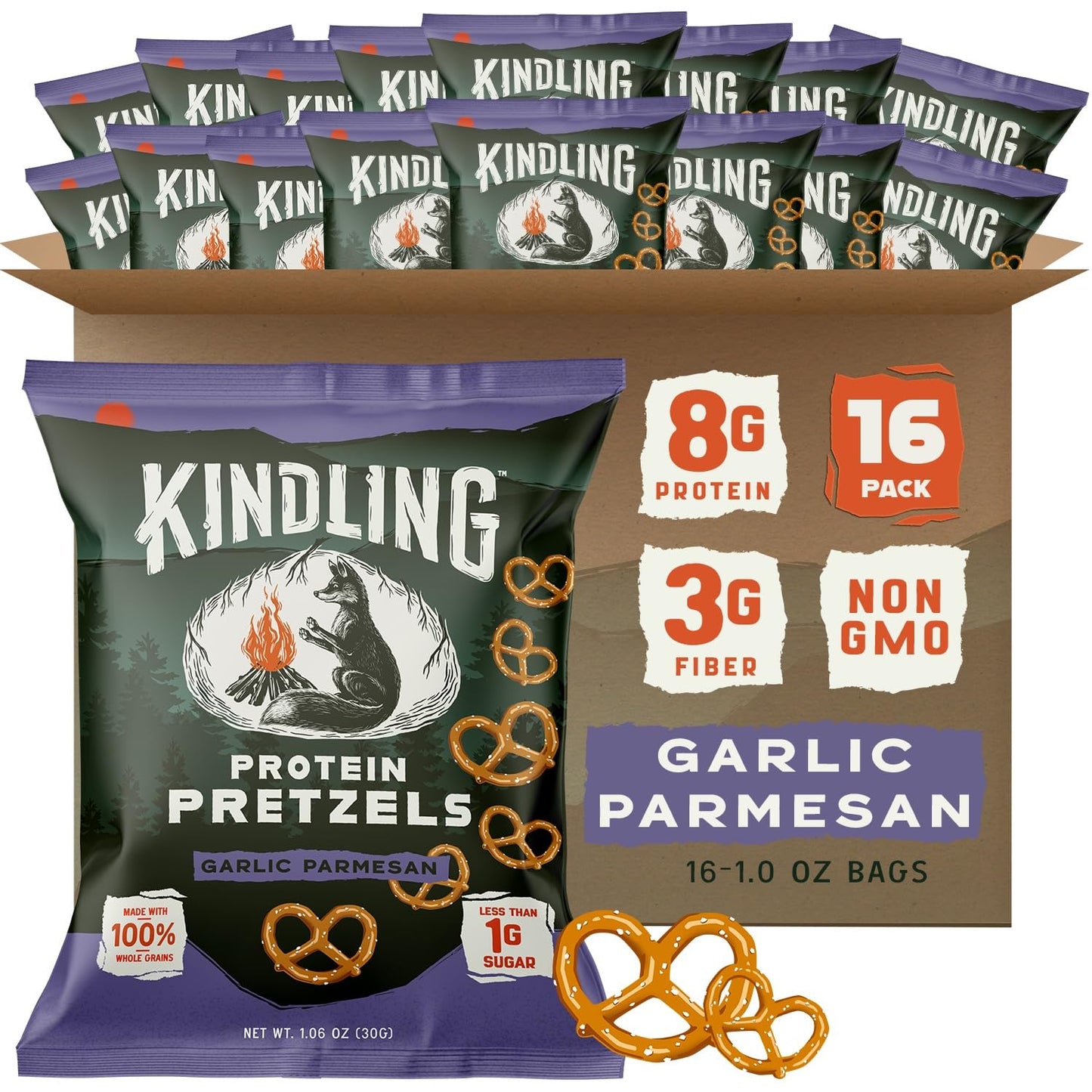 Kindling Protein Pretzels - Garlic-Parmesan | Protein-Packed Snack Size Bags | Kosher | 8-9g Protein Per Serving | No Artificial