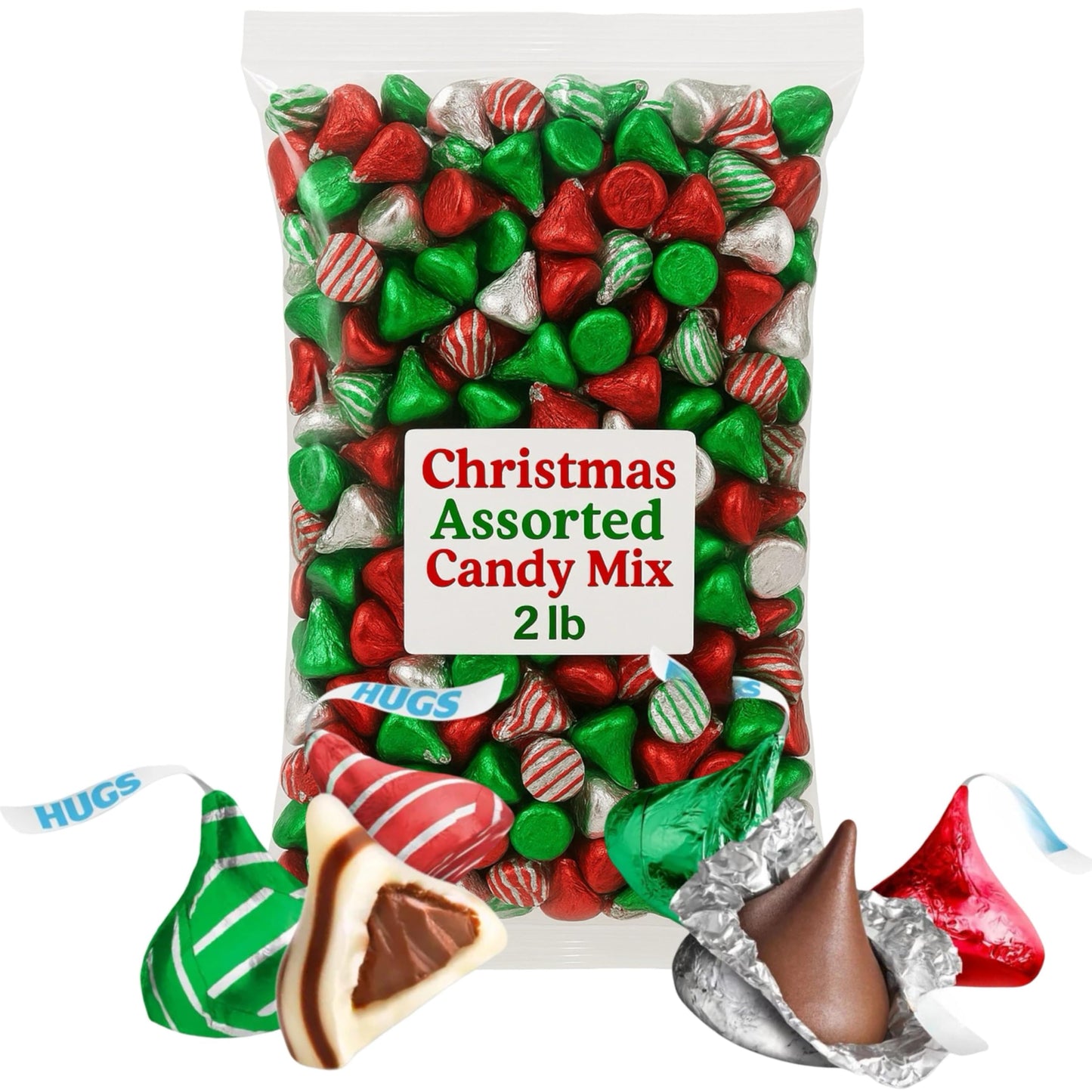 Chocolate Christmas Mix Hugs And Solid Mix 2Lb Pack (Approx. 200 Pieces) Of Christmas Candy Individually Wrapped Delicious Chocolate Kisss In Red Green And Silver Foil Perfect Bulk Christms Candy For Holidays