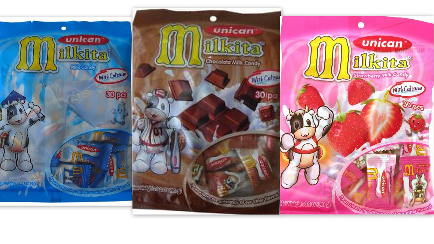 Unican Candy Milkita Variety Bundle, 3.2-Ounce Packages (Pack of 3) includes 1-Bag Chocolate Flavor + 1-Bag Vanilla Flavor + 1-B