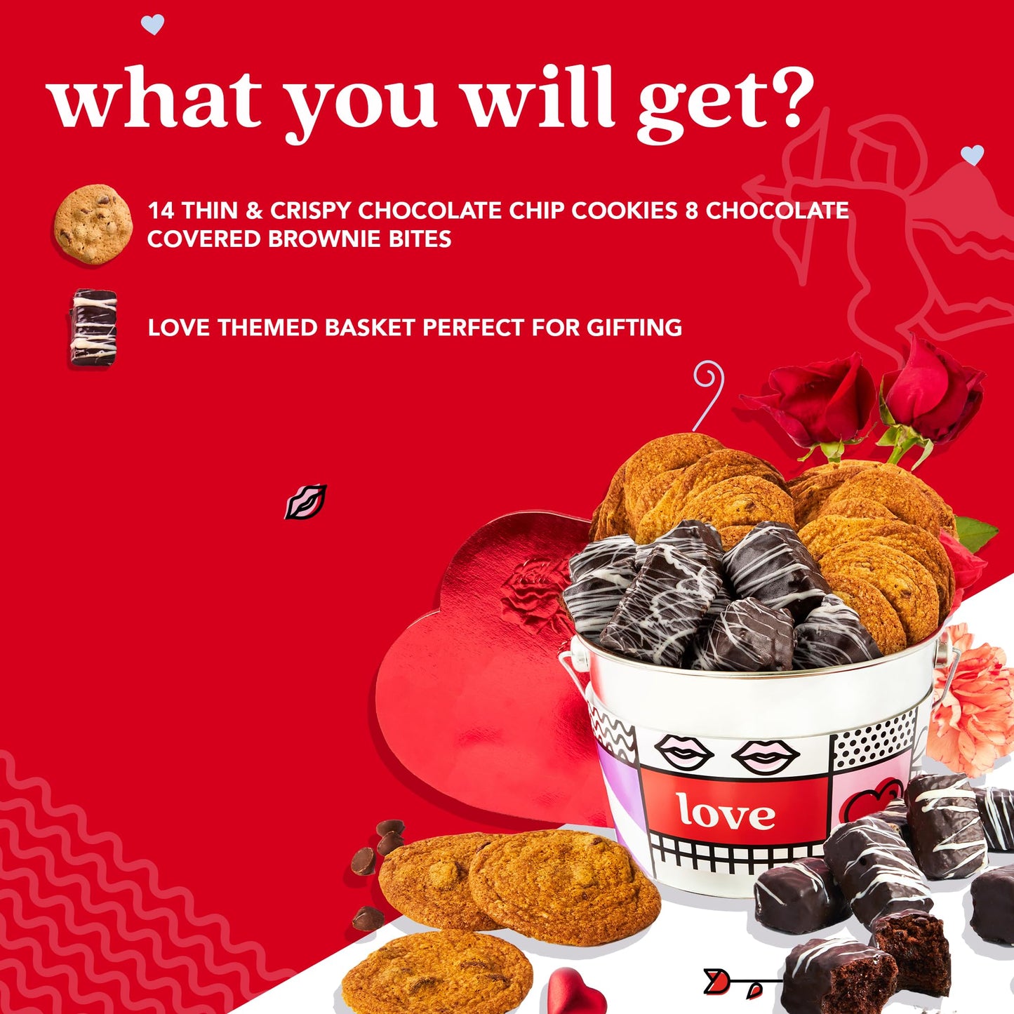 Davids Cookies Love Assorted Cookies Bucket 1.3Lbs - Delicious Thin Crispy Cookies & Chocolate Dipped Soft Brownies Treats - Lov