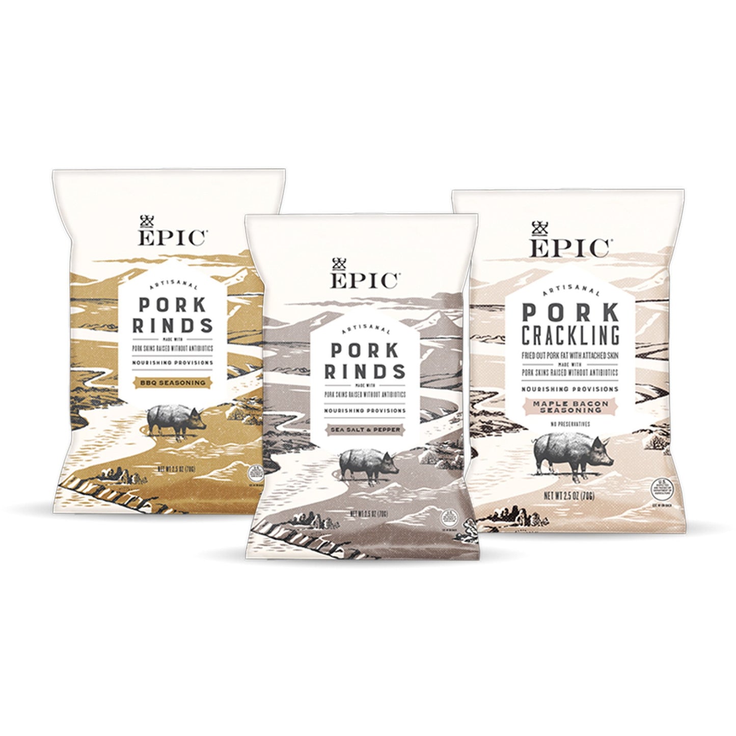 Epic Artisanal Pork Rinds Snack, Sea Salt And Pepper, Bbq Seasoning, Maple Bacon, 2.5 Ounce