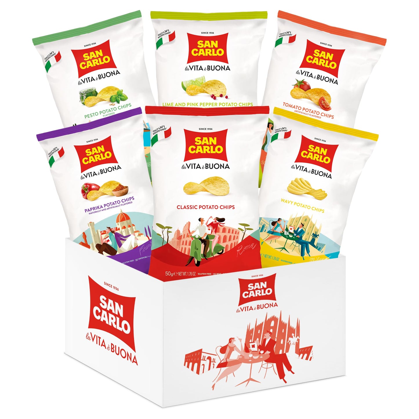 San Carlo Variety Pack 8X 50G Multi Flavours N1 Italian Potato Chips - Classic Wavy Paprika Pesto Lime And Pink Pepper Tomato
