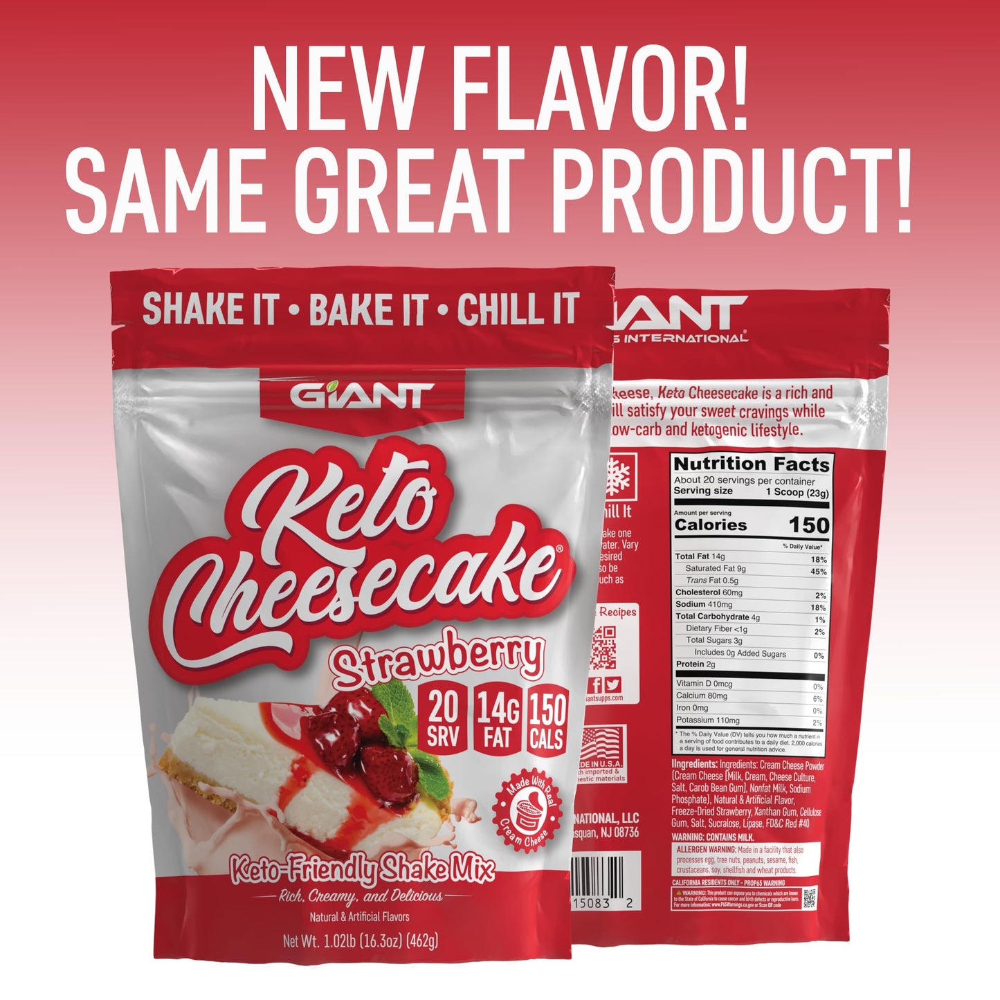 Giant Sports Keto Cheesecake Shake Mix - Low Carb Powder - 16.6 oz - Gluten Free - Strawberry Flavor