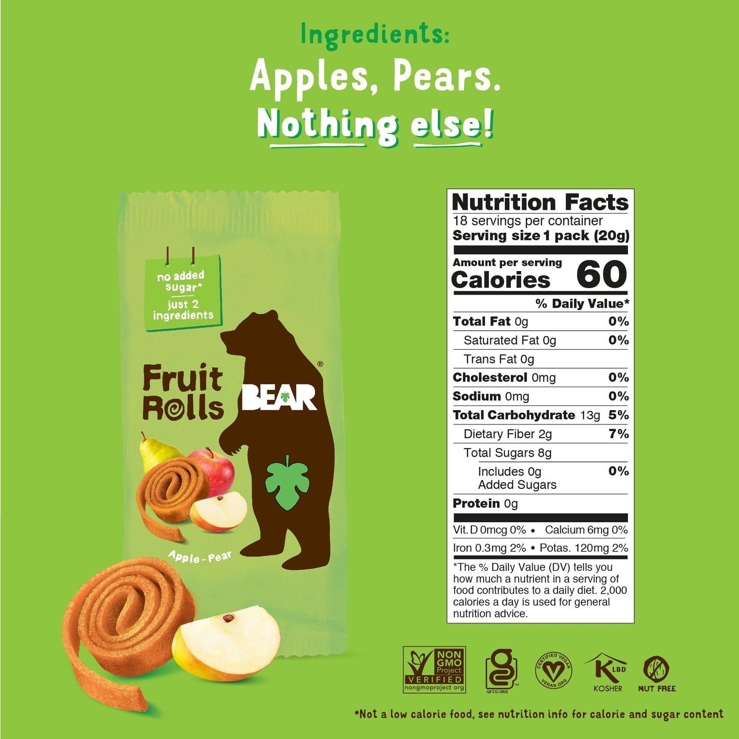 BEAR Real Fruit Snack Rolls - Gluten Free, Vegan, and Non-GMO - Apple - Healthy School And Lunch Snacks For Kids And Adults, 0.7