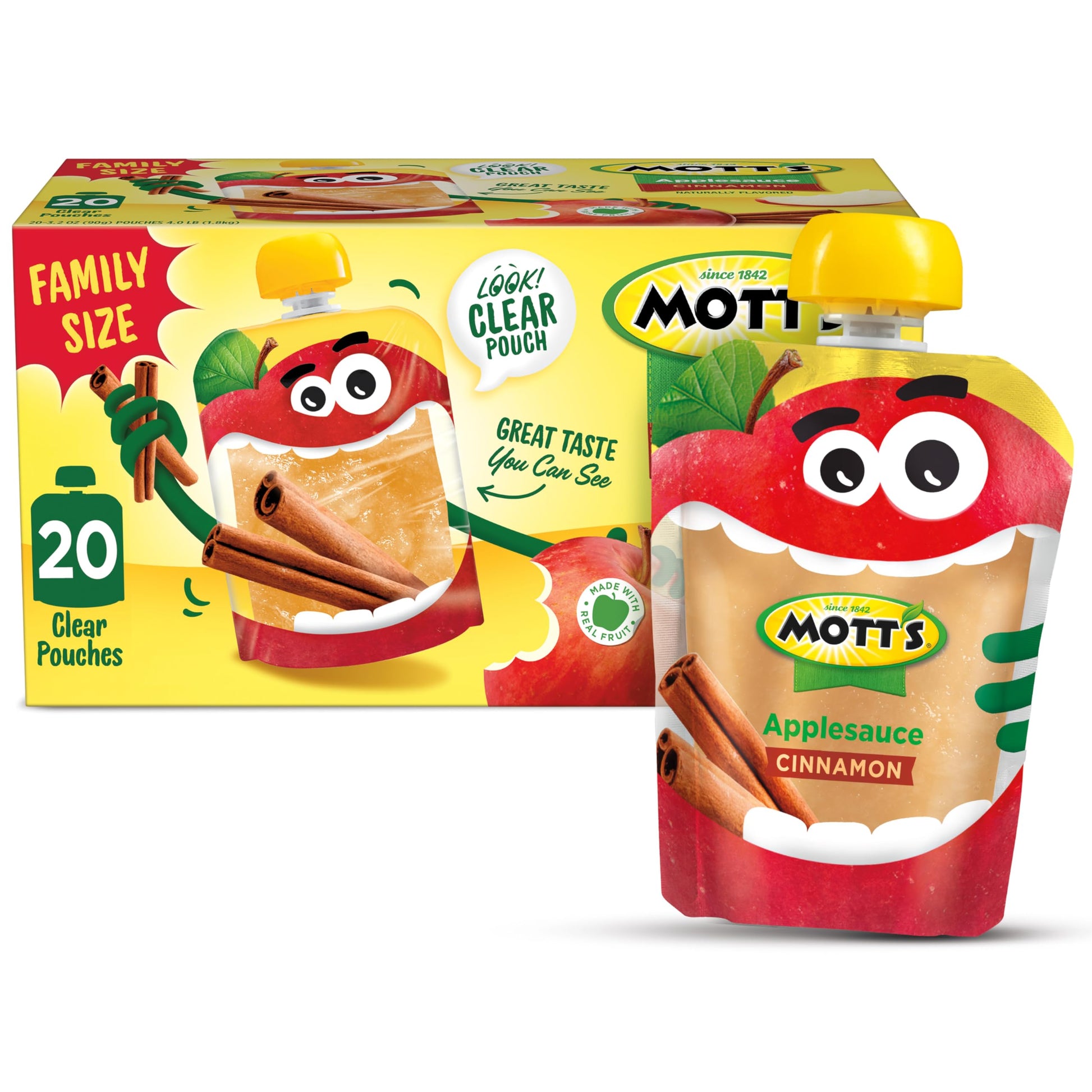 Motts Cinnamon Applesauce, 3.2 oz clear pouches, 20 pack