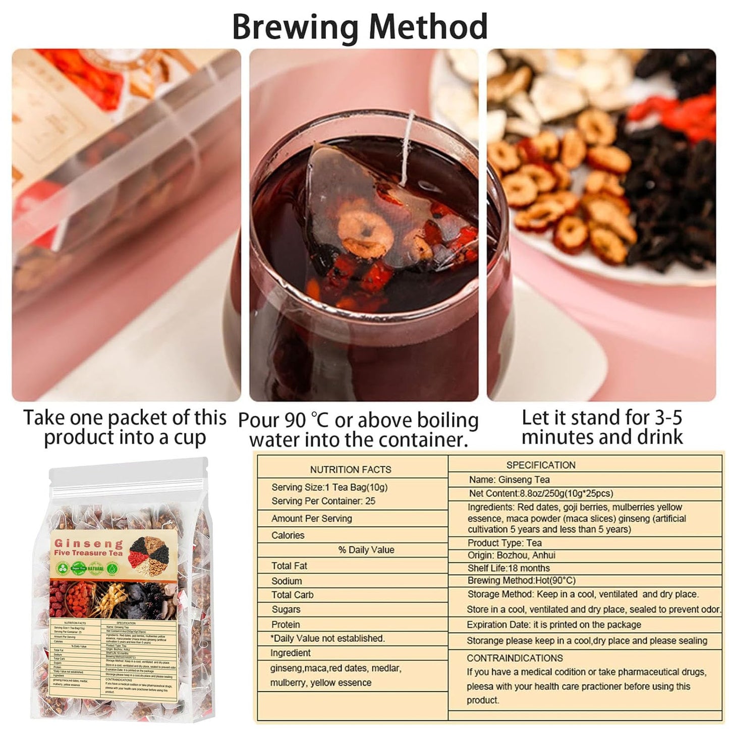 Ginseng Five Treasure Tea - Kidney Tea Formula Ginseng Five Treasure Wubao Herbal Cleanse Chinese Teas For Men Women (1Pack(25Ba