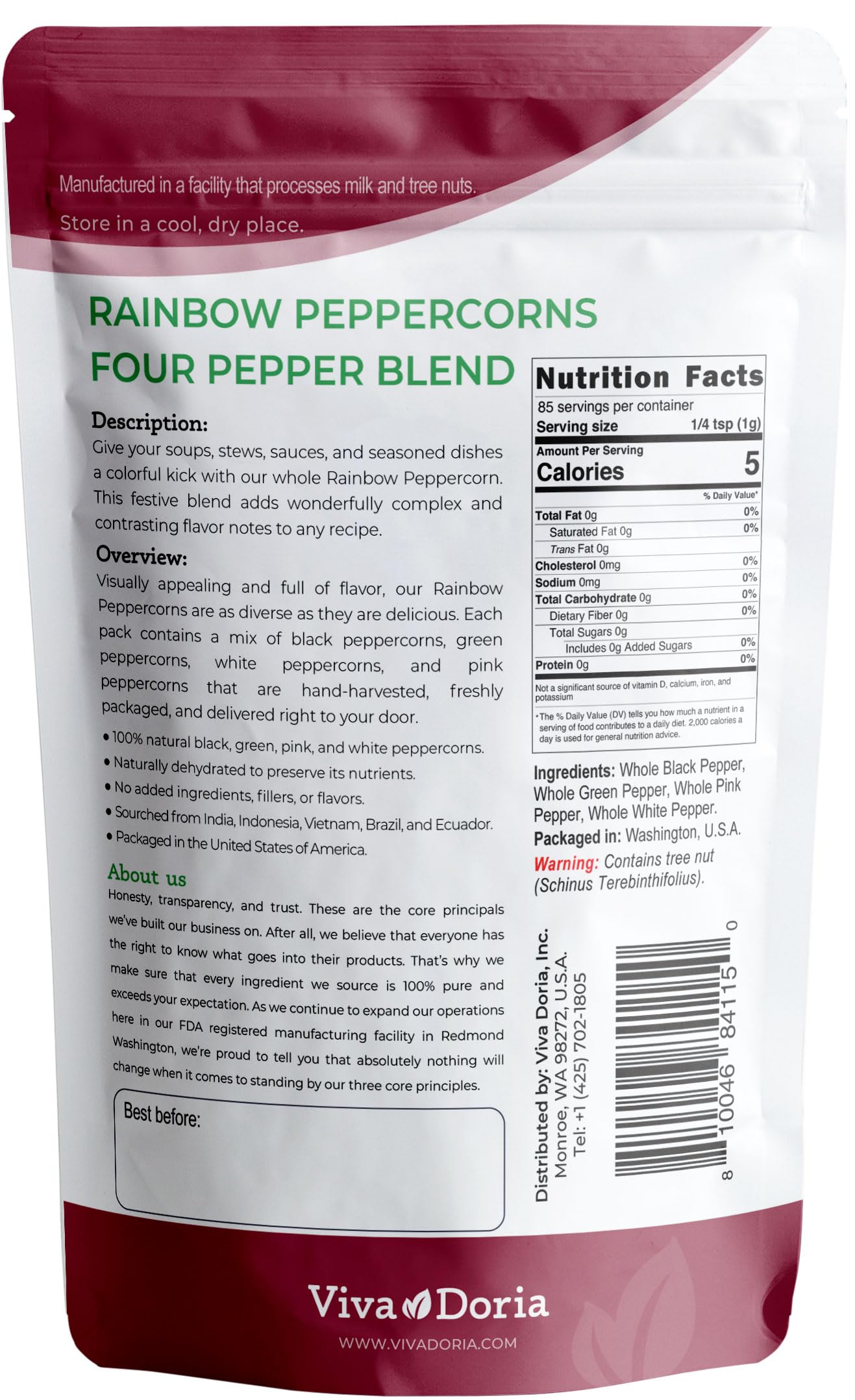 Viva Doria Rainbow Peppercorns - Four Peppercorn Blend, Whole Black, Green, Pink and White Pepper, Steam Sterilized 6 Oz, For Gr