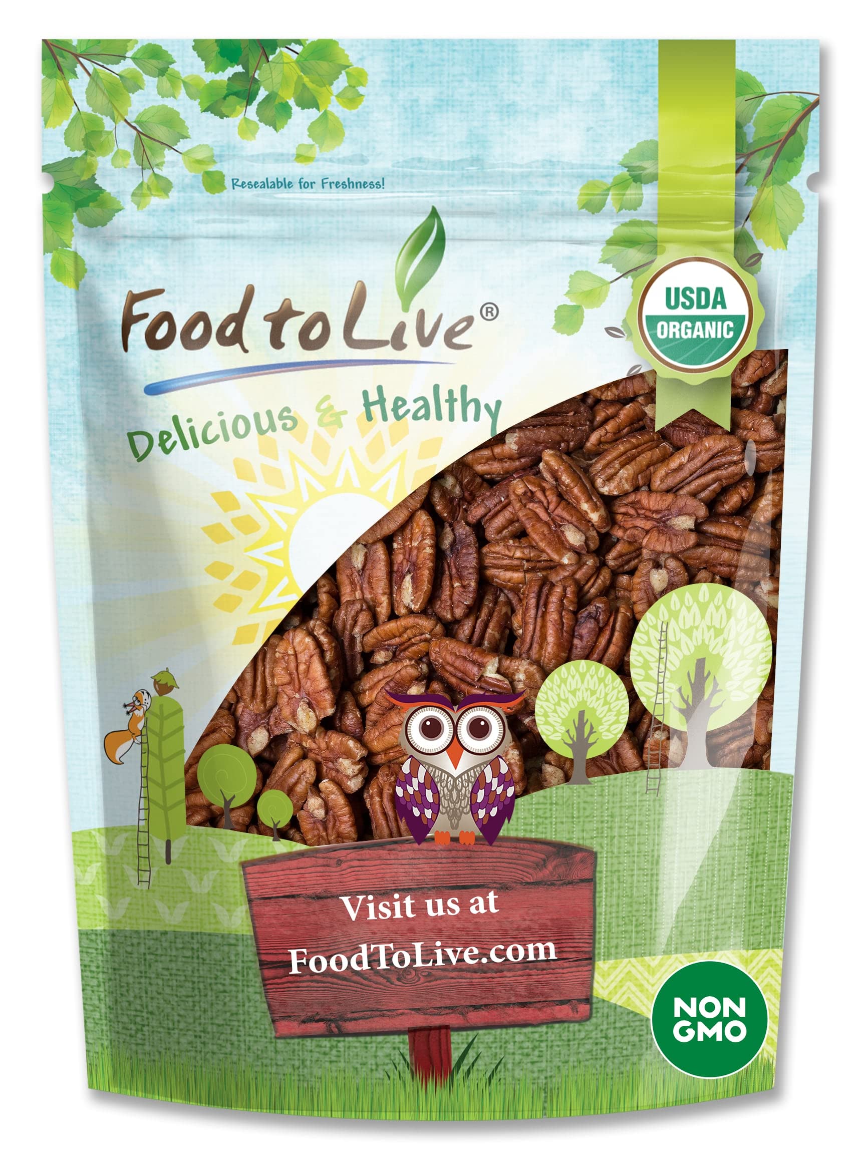 Food to Live Organic Dry Roasted Pecan Halves, 8 Ounces - Non-GMO, Unsalted Nuts, Oven Roasted, No Oil Added, Vegan, Kosher, She