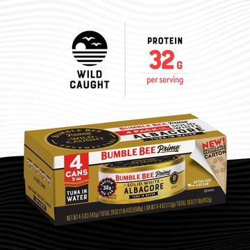Bumble Bee Prime Solid White Albacore Tuna in Water, 5 oz Cans (Pack of 4) - Premium Wild Caught Tuna - 32g Protein per Serving
