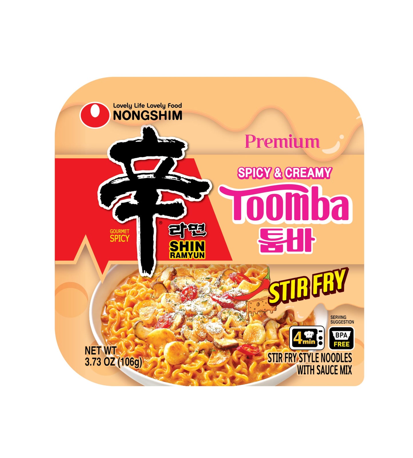 Nongshim Shin Ramyun Toomba Square Bowl, Spicy & Creamy Stir Fry Style Instant Ramyun Noodles with Sauce Mix, 3.73 oz (Pack of 6