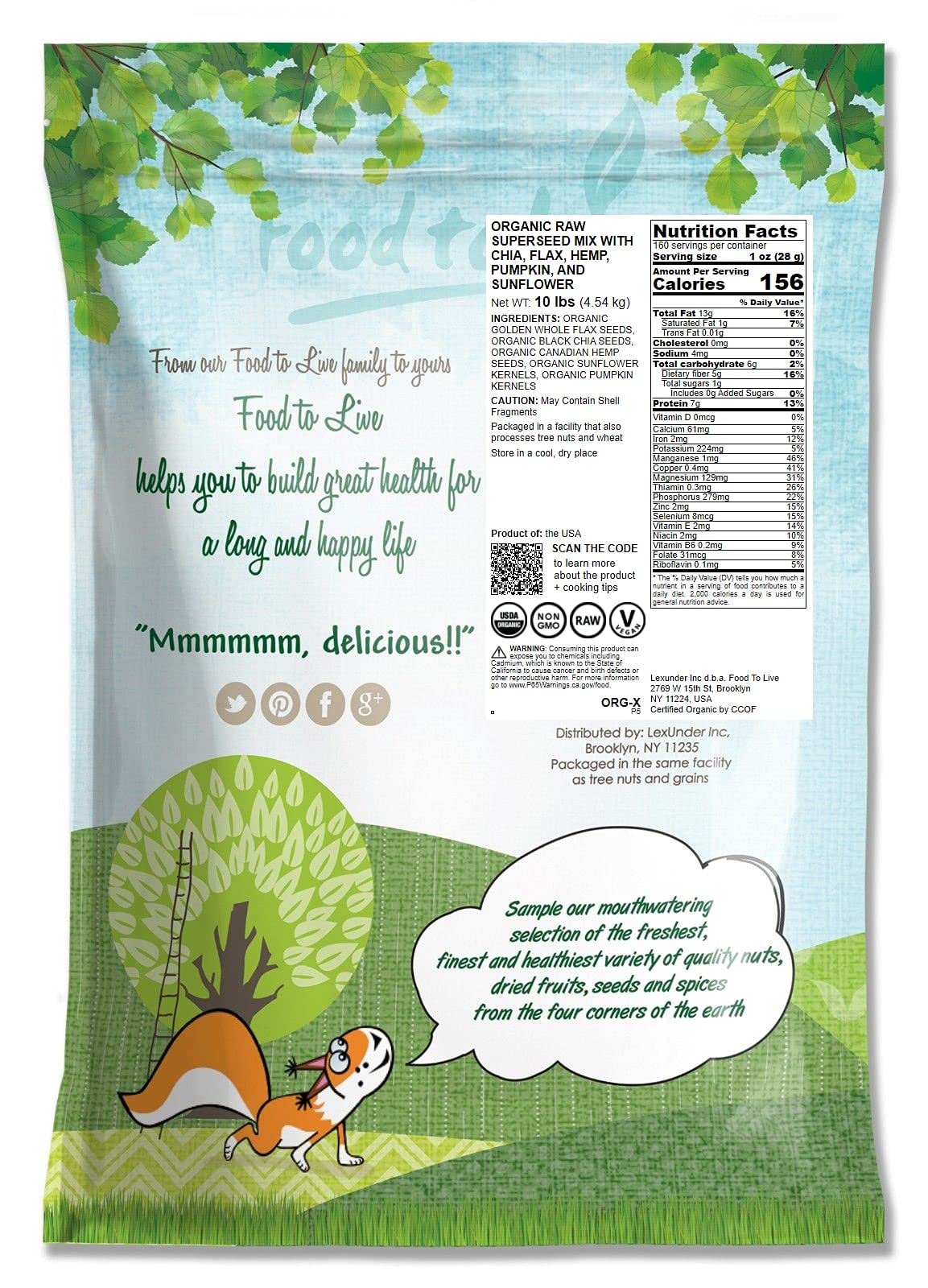 Food To Live - Organic Raw Superseed Mix- Chia, Flax, Hemp, Pumpkin, And Sunflower, 10 Pounds - Non-Gmo Whole Seeds Blend, Vegan