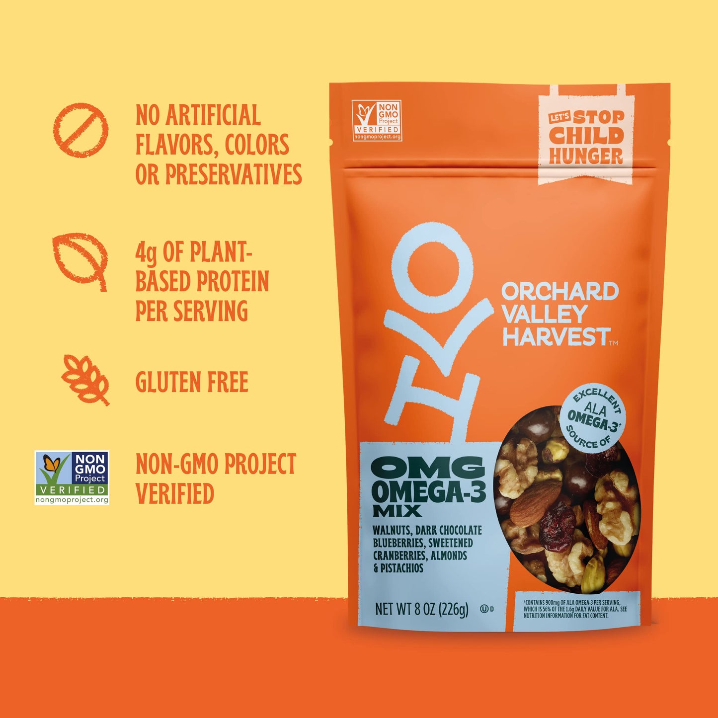 Orchard Valley Harvest Omg Omega-3 Mix, Walnuts, 8 Oz Resealable Bag, Dark Chocolate Blueberries, Sweetened Cranberries, Almonds, Pistachios, Gluten Free, Non-Gmo, On-The-Go Snack