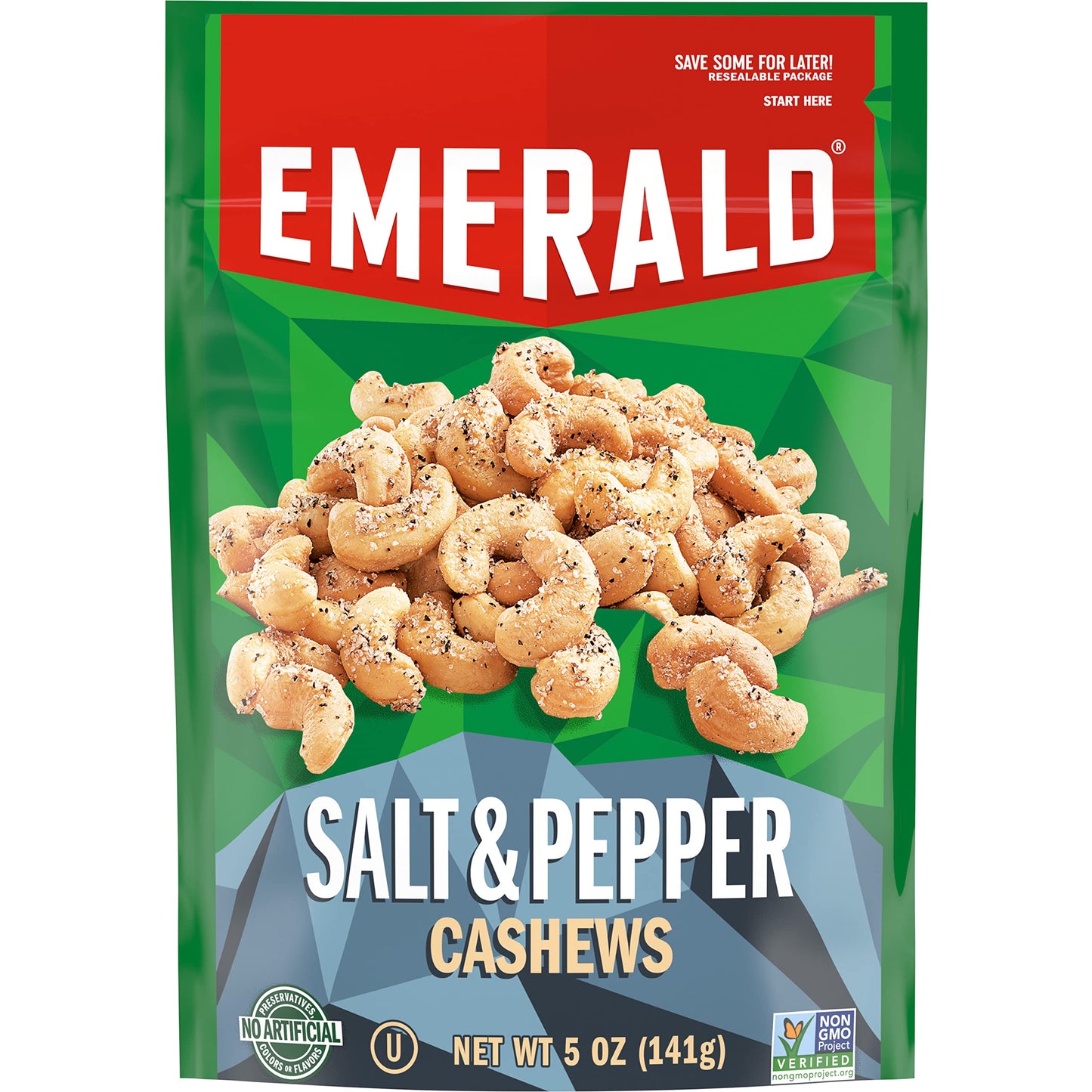 Emerald Nuts Salt and Pepper Seasoned Cashews (1-Pack), 5oz Resealable Bag, Kosher Certified, Non-GMO, Contains No Artificial Pr