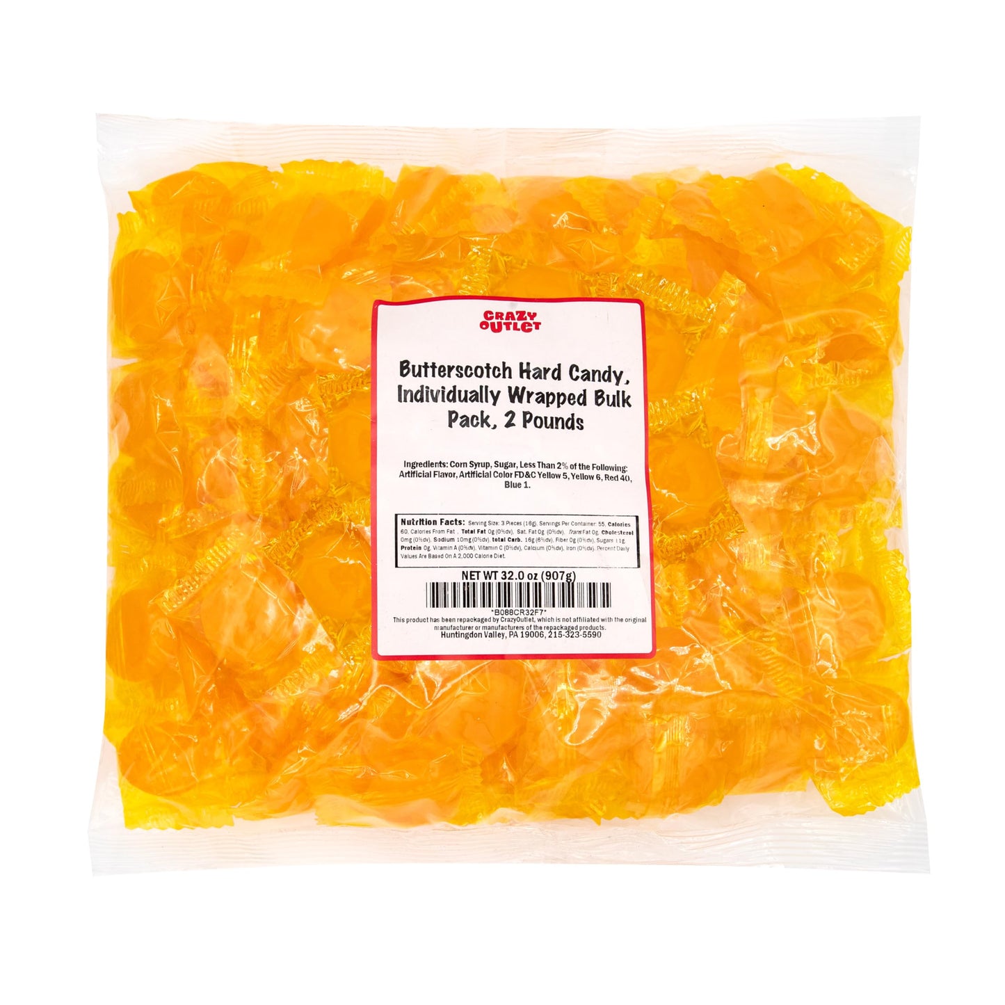 Butterscotch Hard Candy - 2 Pound Bulk Pack (About 165 Count) - Individually Wrapped Yellow Candies - Classic Butter Scotch Disc