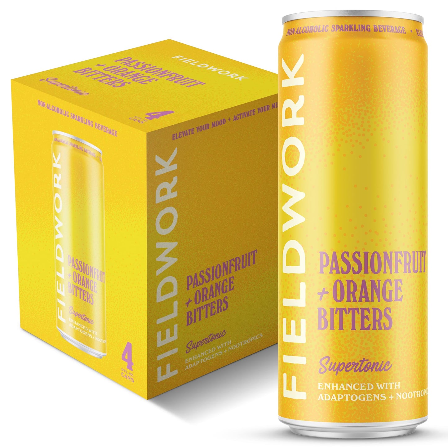 Fieldwork Supertonic Adaptogen Non-Beverage-Style Sparkling 18+ Use Drink With Nootropics Passionfruit + Orange Bitters 12 Oz Cans 4-Pack