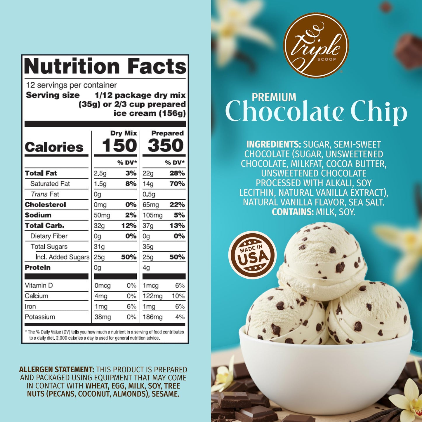 Triple Scoop Premium Vanilla Chocolate Chip Ice Cream Starter Mix, 2 Boxes (14.8 oz each), Makes 4 Quarts, Easy to Use