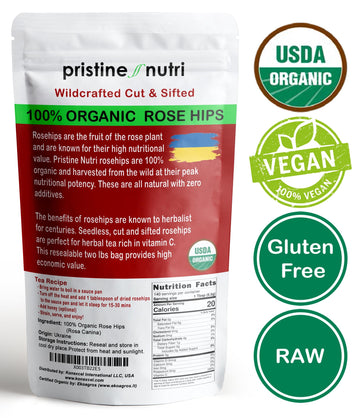 2 Lb (32 Oz) Rose Hips Dried Organic Bulk, Organic Rosehips Cut & Sifted, 95% Seedless, European All Natural, Rosehips Dried Org