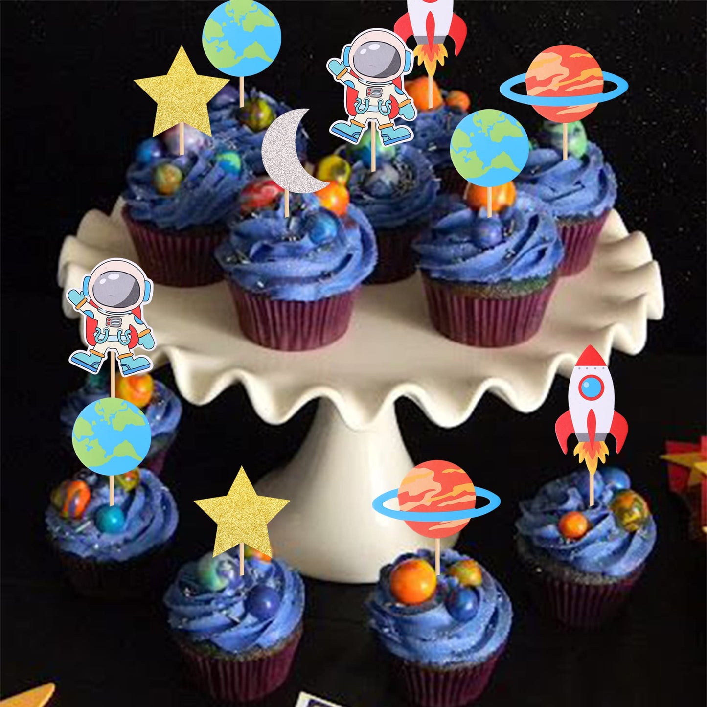 YCTHUNFISH 36 Pack Space Astronaut Cupcake Toppers - Outer Space Theme Decorations for Baby Shower & Kids Birthday Party - Small Size
