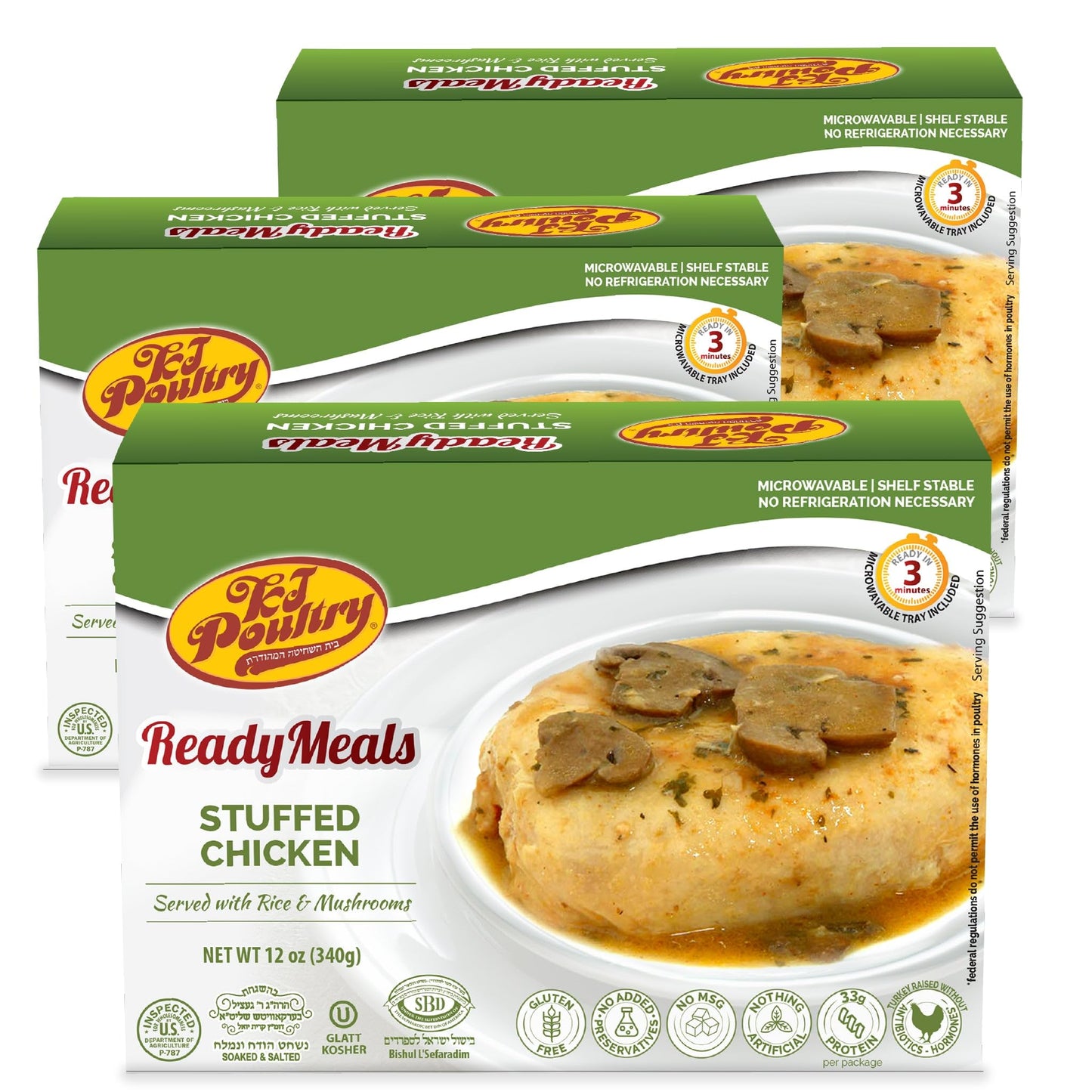 Kj Poultry Kosher Ready Meals - Stuffed Chicken Breast Rice, Mre Meat Meals Ready To Eat, Gluten Free, Halal, (3 Pack) Prepared Entree Fully Cooked, Shelf Stable Microwave Dinner, Travel Military