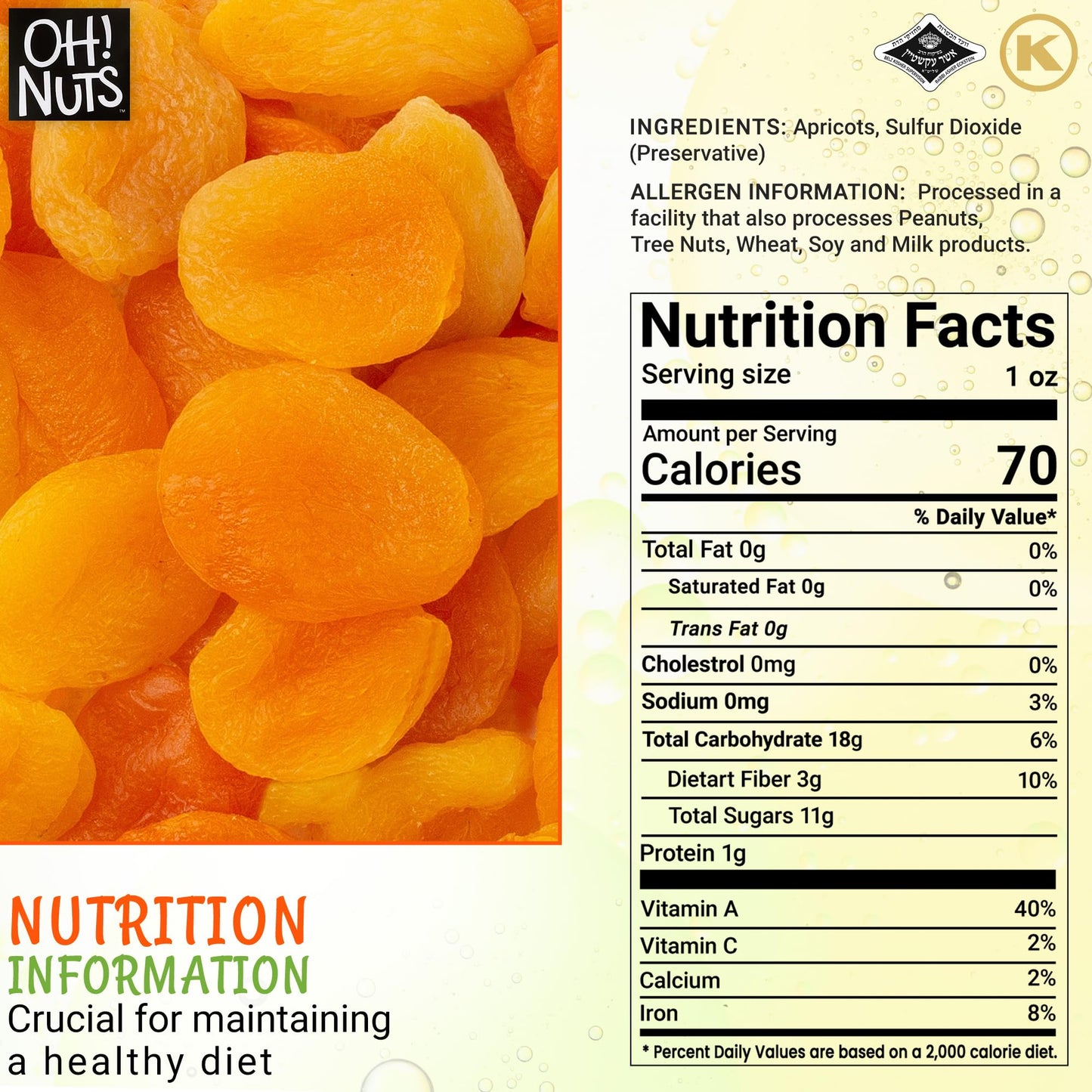 Oh! Nuts Dried Apricots Turkish - 2 Lb - Dried Fruit - No Sugar Added - Dehydrated Fruit Bites - Packed In New York Zip-Seal Bag