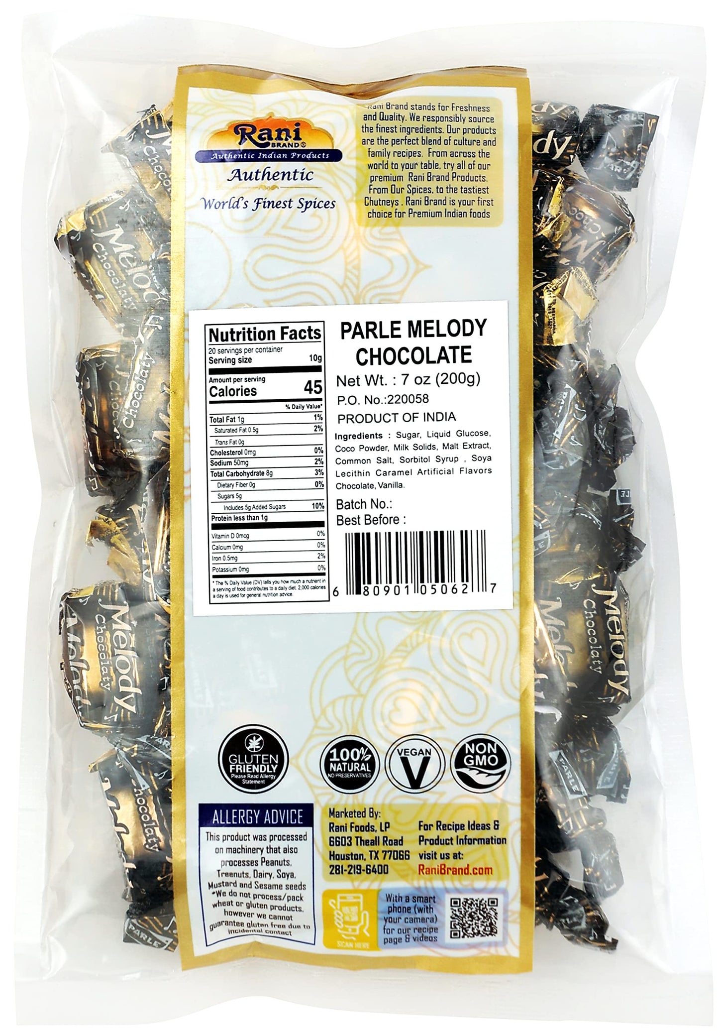 Rani Brand Melody Chocolate , Vegan, Gluten Friendly, Non-GMO, 7oz (200g), Individually Wrapped, Indian Origin