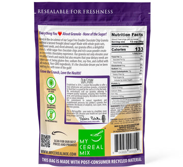 Mycerealmix Sugar Free Double Chocolate Chip Granola - 12 Pack (120Oz Total) - Vegan, Gluten Free - Monk Fruit & Allulose Sweete