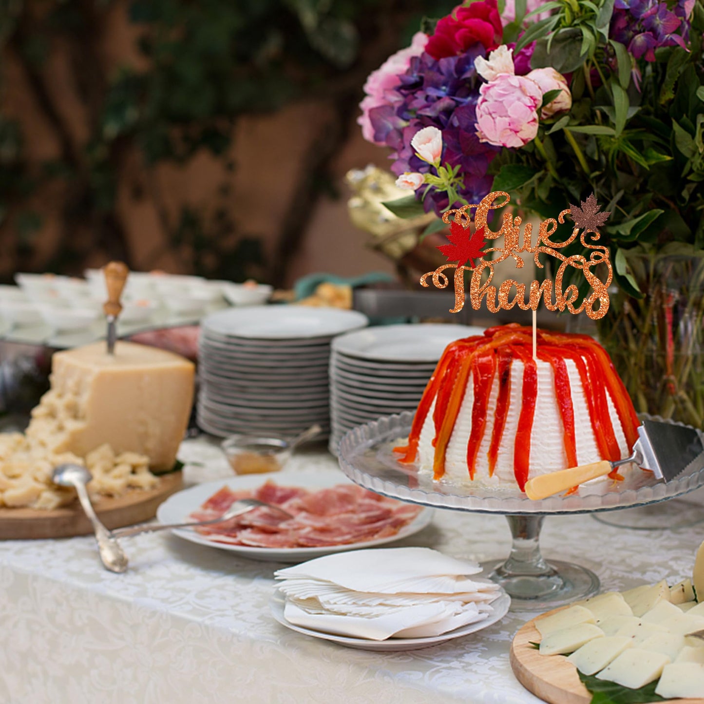 1 Pcs Give Thanks Cake Topper Glitter Maple Leaves Autumn Happy Thanksgiving Cake Pick Fall Harvest Thankful Grateful Blessed Ca