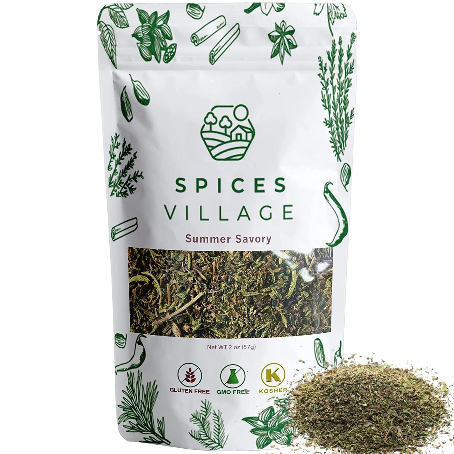 Spices Village Summer Savory Spice Natural Dried Summer Savory Leaves For Cooking And Herbal Tea 2 Oz Pure Mediterranean Seasoning Kosher Gluten Free Vegan Non Gmo Resealable Bulk Bag