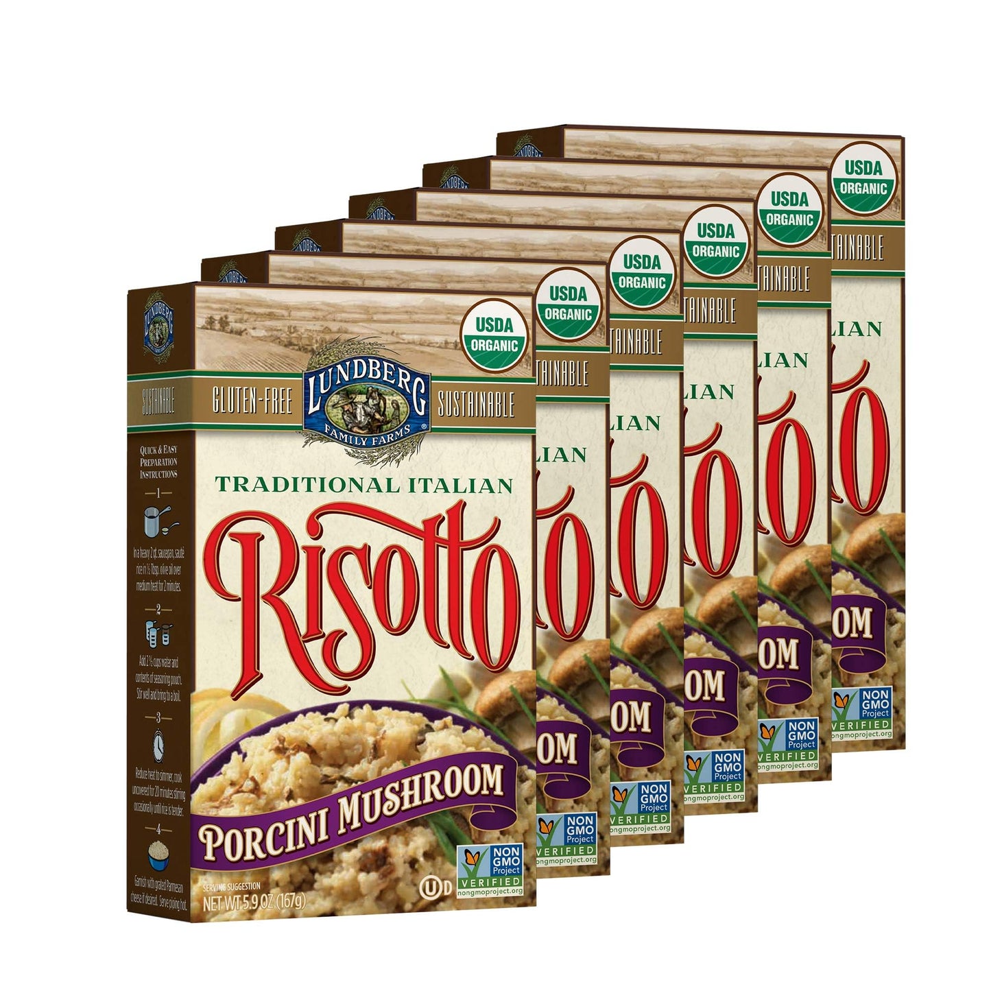 Lundberg Family Farms - Traditional Italian Risotto Porcini Wild Mushroom Convenient Side Dish 20 Minute Cook Time Pantry Staple Non-GMO Gluten-Free USDA Certified Organic (5.9 oz 6-Pack)