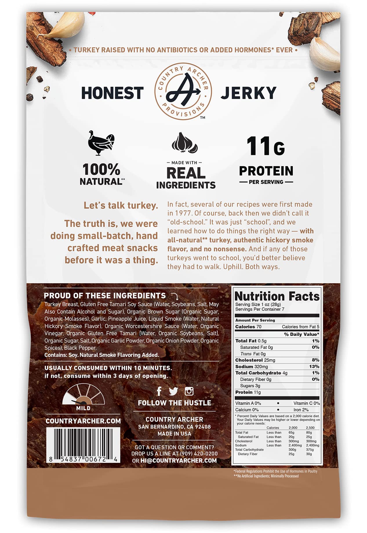 Country Archer Turkey Jerky, Hickory Smoke, Free, Gluten Free, 7 Ounce