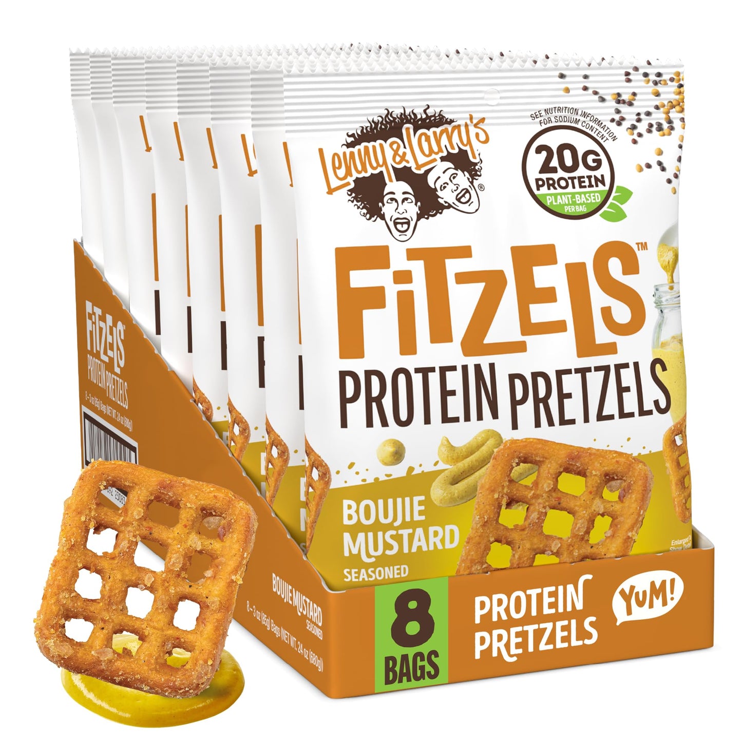 Lenny & Larrys Boujie Mustard FITZELS- Savory Pretzel Snacks Incredibly Tasty, High Protein, Salty, Vegan, Kosher 20 gs of Pla