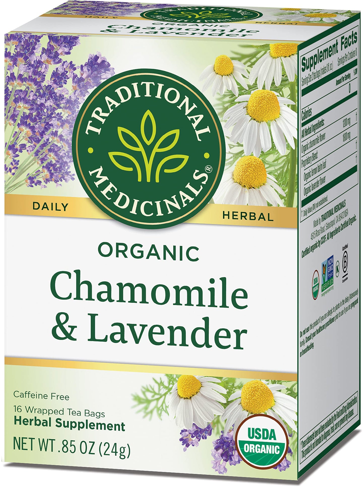 Traditional Medicinals Organic Chamomile & Lavender Herbal Tea, Settles Nervous System, 16 Count