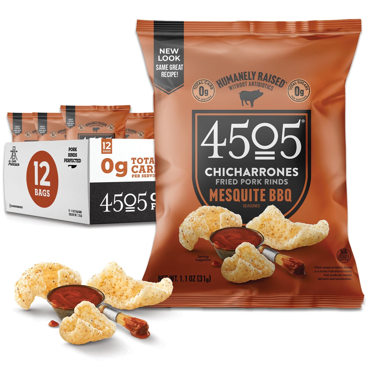 4505 BBQ Seasoned Chicharrones, Fried Pork Rinds - Barbeque Flavored Pork Skins - Low Carb, Gluten-Free, Protein Snack - 1.1oz (