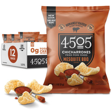 4505 BBQ Seasoned Chicharrones, Fried Pork Rinds - Barbeque Flavored Pork Skins - Low Carb, Gluten-Free, Protein Snack - 1.1oz (