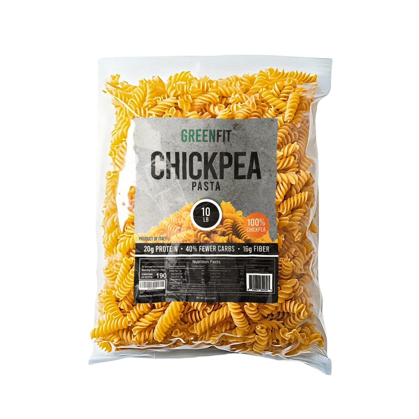 Greenfit Fusilli 100% Chickpea Pasta - 10lb Bulk Bag | High Protein, Low Carb, Gluten Free Veggie Noodles | Plant-Based, Non-GMO