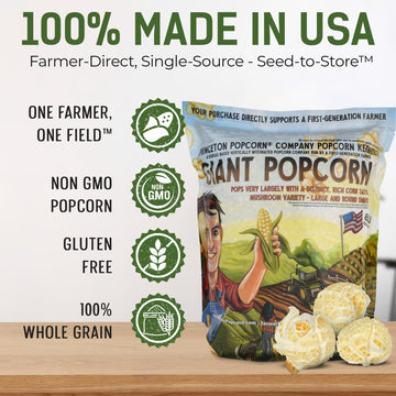 Mushroom Popcorn Kernels By Princeton Popcorn Farm Grown, Non Gmo, Gluten Free Unpopped, Ball Shaped, Old Fashion Popcorn Pops E