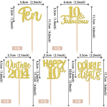 30Pcs Happy 10Th Birthday Cupcake Toppers Glitter Ten 10 Fabulous Vintage 2014 Cupcake Picks Cheers To 10 Years For 10Th Birthda
