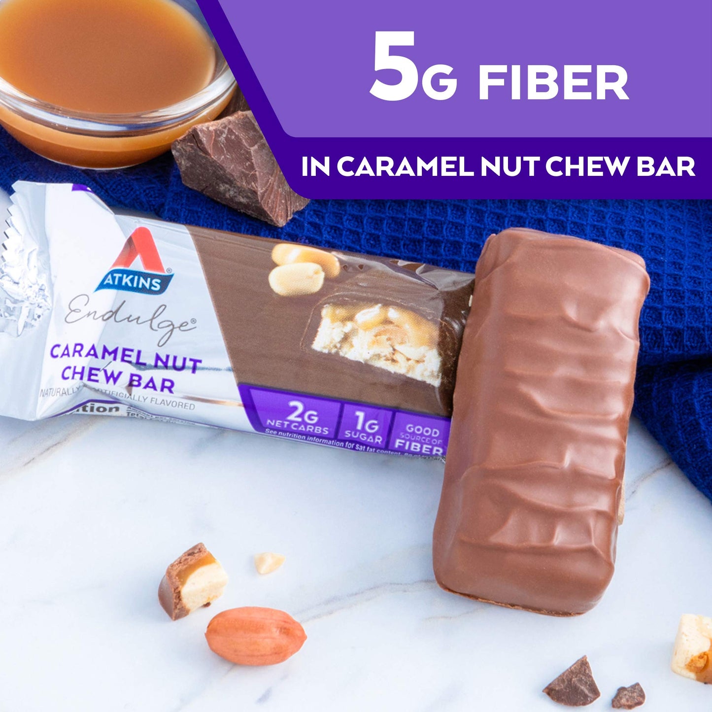 Atkins Endulge Caramel Nut Chew Bar, Dessert Favorite, 1G Sugar, Good Source Of Fiber, 5 Count (Pack Of 2)