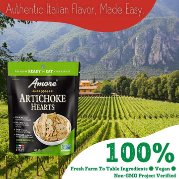 Amore Artichoke Hearts Vegan - Non Gmo Certified Ready-To-Eat Herb Infused Vegetables In Resealable Bags, 4.4 Ounce (Pack Of 10)