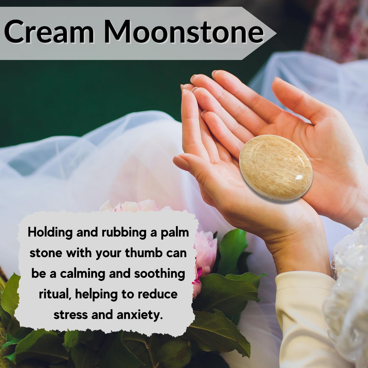 Cream Moonstone Palm Stone - Pocket Massage Worry Stone For Natural Body Chakra Balancing, Reiki Healing And Crystal Grid