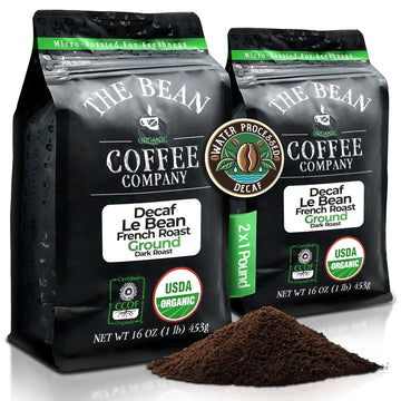 The Bean Organic Coffee Company Water Processed DECAF Le Bean, Dark French Roast, Ground Coffee, 16-Ounce Bags (Pack of 2), Caf