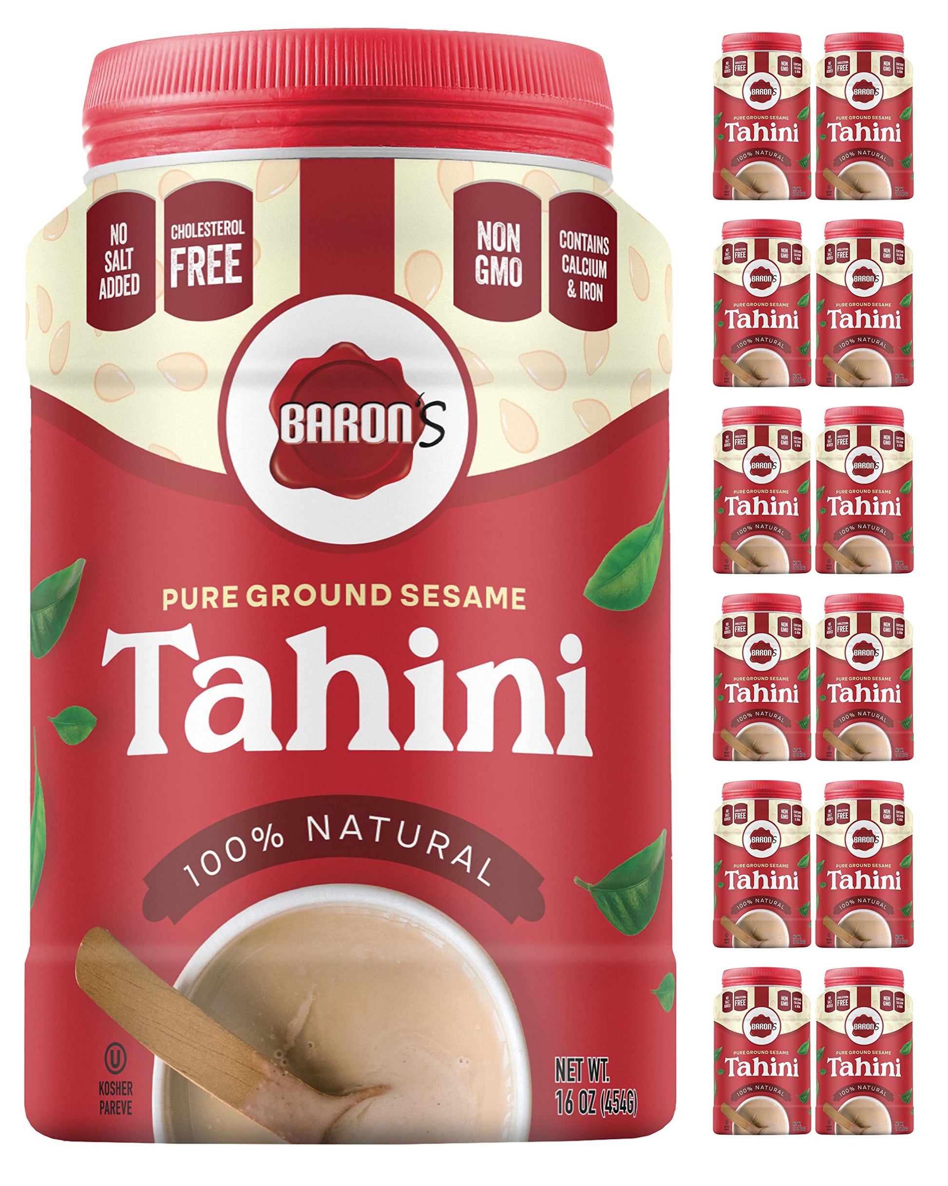 Barons Kosher 100% Pure Ground Sesame Tahini 16-ounce Jars (1 Pound (Pack of 12))